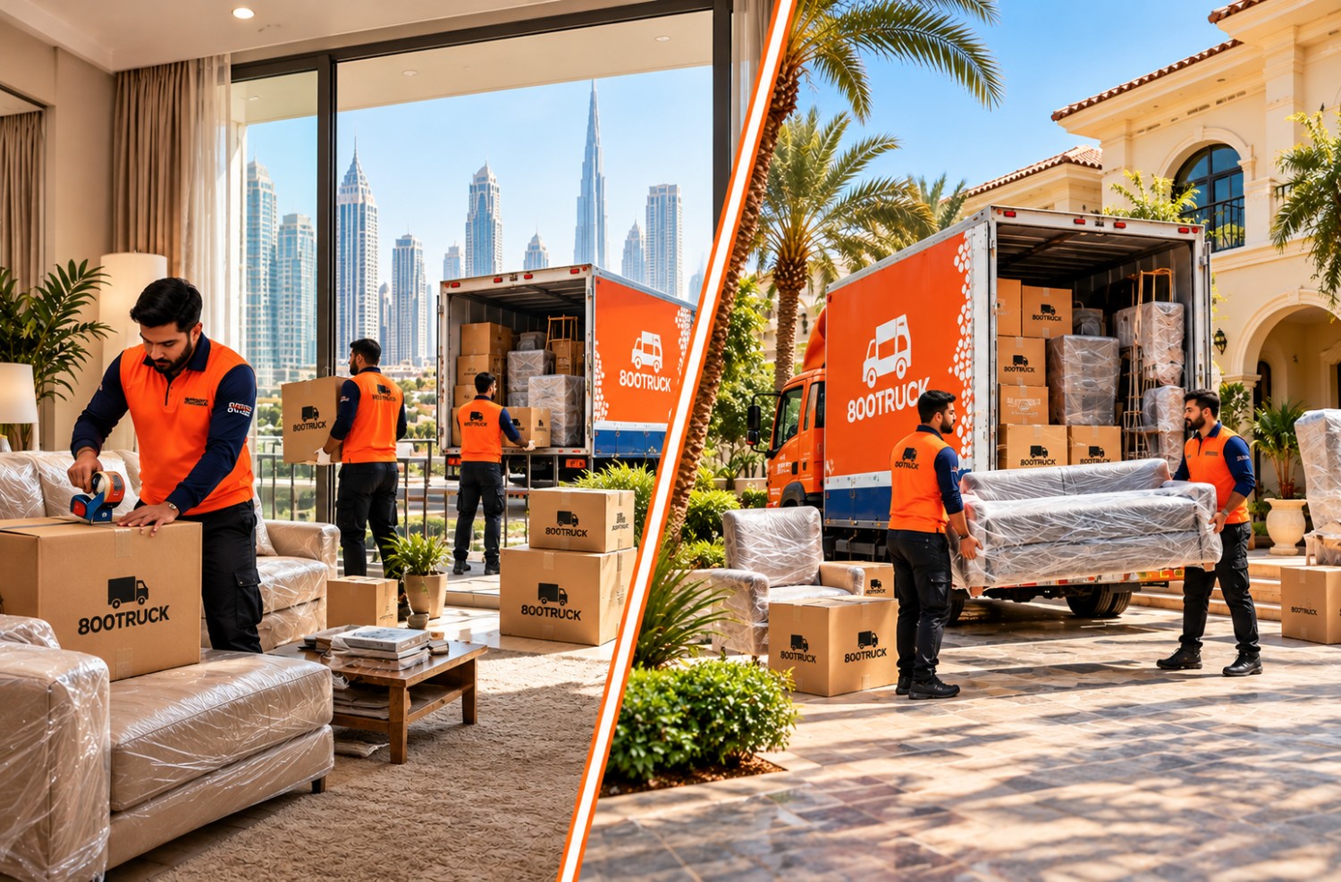 800 TRUCK professional movers packing furniture in a Dubai apartment and loading household items into a moving truck outside a luxury villa.